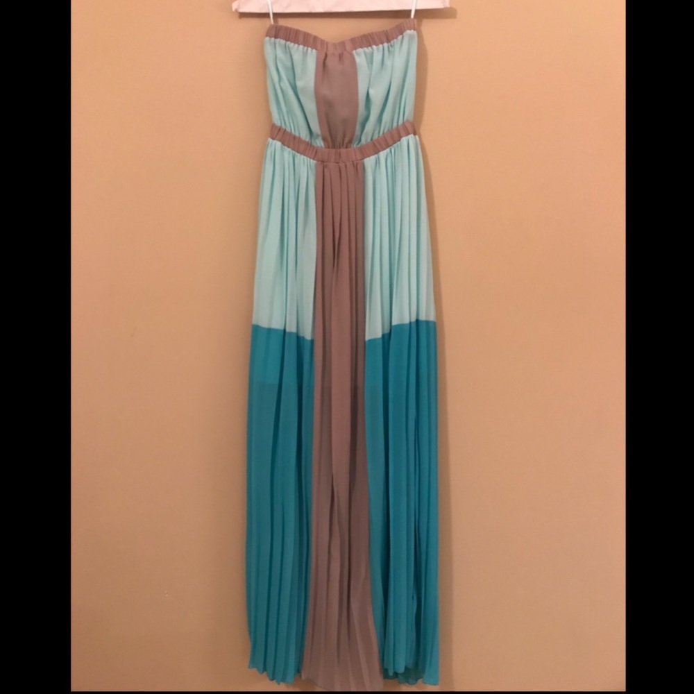 Turquoise and Grey Pleated Strapless Maxi Dress